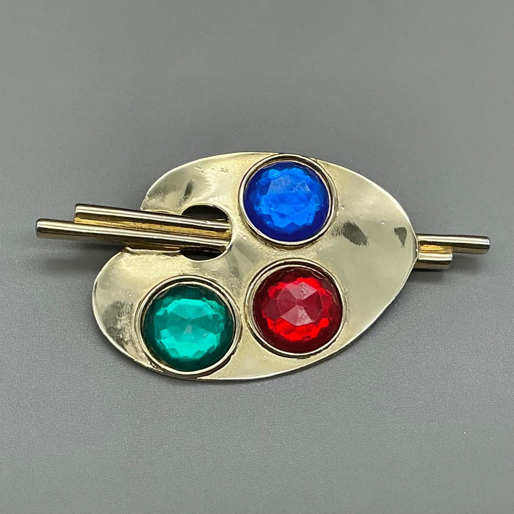 Brooch Womens Gold Tone Artist Paint Palette Multi Color Rhinestone 3.25 Inch